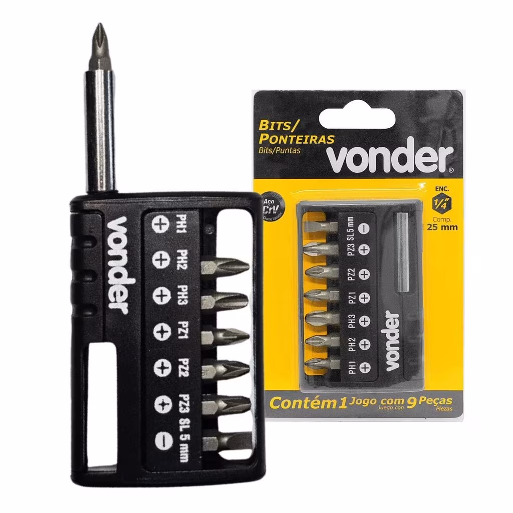 Kit De Bits/ponteiras 9 Peças Encaixe Sextavado 1/4 Vonder