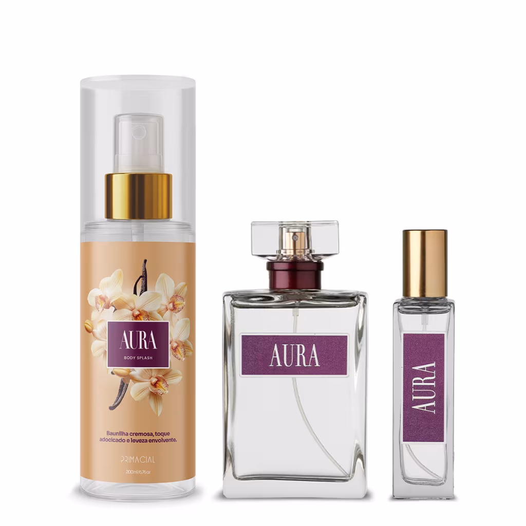 Kit Aura Completo Perfume 100ml+ 30ml+ Body Splash 200ml by Primacial Fragrância Floral com Notas de Baunilha