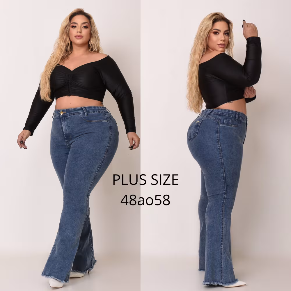 Calça Jeans Flare Plus Size Cintura Alta Lycra Elastano Premiun Efeito Levanta Bumbum Curve Premier