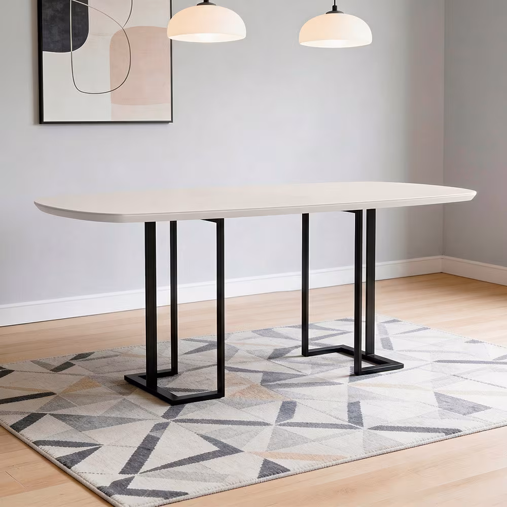 Mesa de Jantar 6 Lugares Retangular Orgânico Com Vidro 180cm Pés Industrial Alina N01 Off White Preto - Lyam Decor