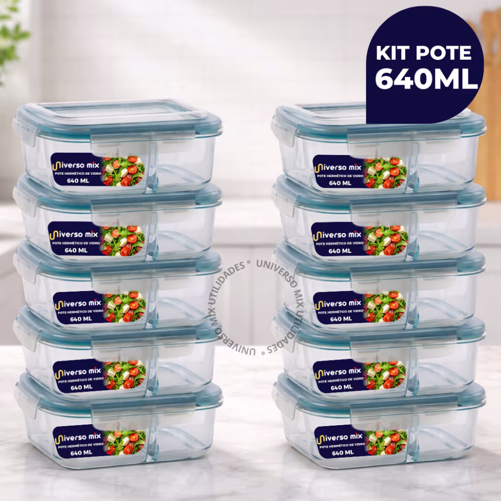 Kit 10 ou 5 Potes Vidro Herméticos 640ml Retangular Com Divisória Premium