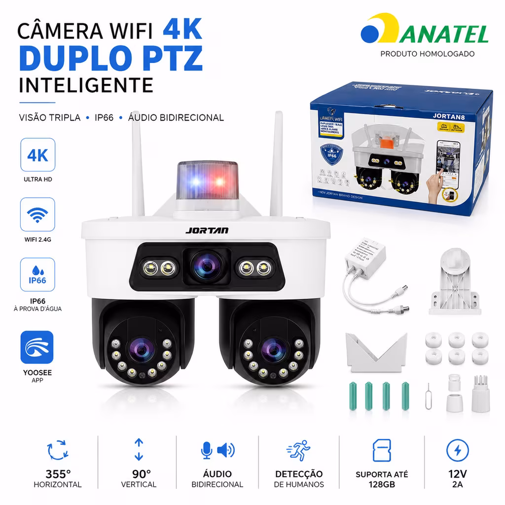 Câmera WiFi 4K Tripla Lente PTZ IP66 Yoosee Visão Noturna Áudio 2 Vias 128GB