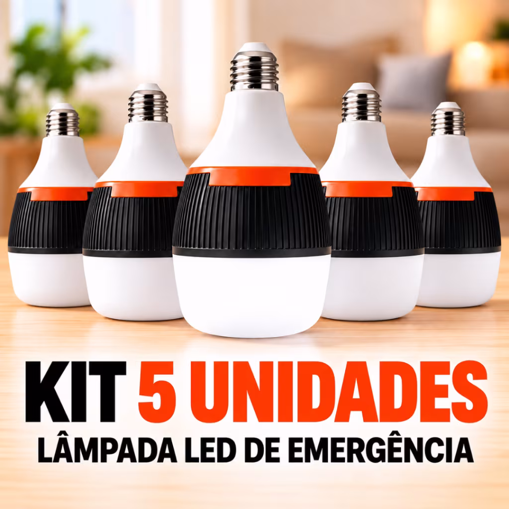 Kit 5 Lâmpada LED Recarregável 50W E27 3 Modos Até 6h de Emergência Camping Casa