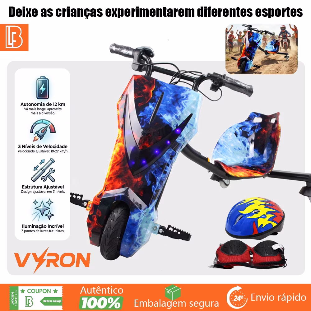 VYRON Triciclo Elétrico Drift Trike 250/350W Giro 360° LED Bluetooth 3 Velocidades Para Crianças e Adultos