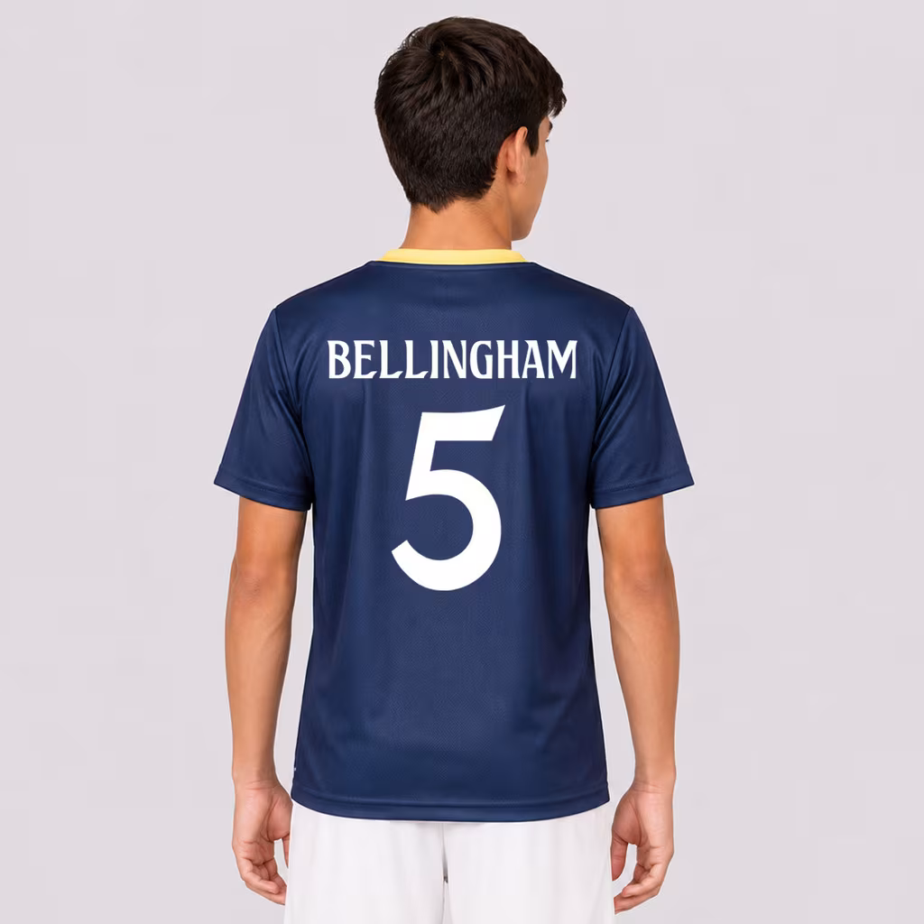 Camisa Real Madrid Campeones Juvenil Marinho 5 Bellingham