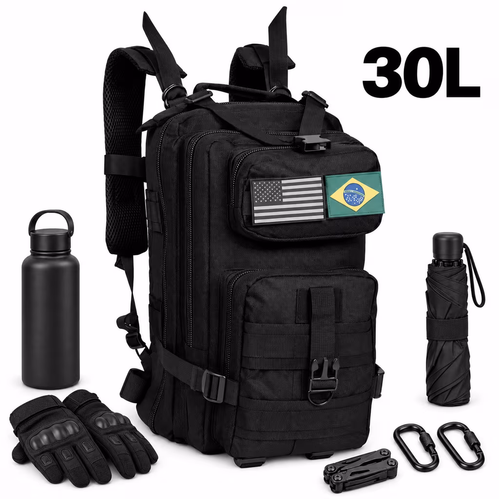 Mochila Tática 30L Grande Capacidade Multifuncional em Tecido 600D Resistente à Água para Camping e Trilha