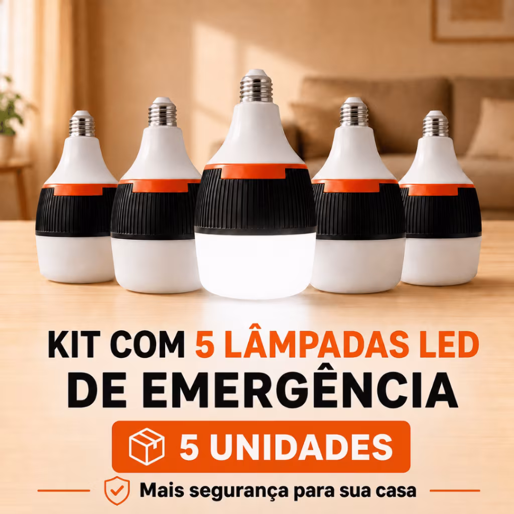 Kit 5 Lâmpada LED Recarregável 50W E27 3 Modos Até 6h de Emergência Camping Casa