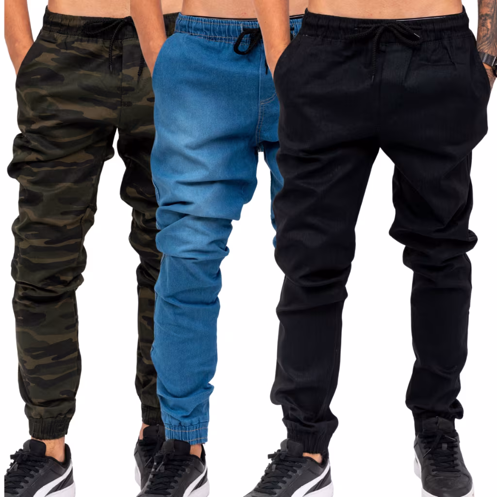 Kit 3 Calças Jeans Camuflada Masculina Jogger C/ Punho Lycra