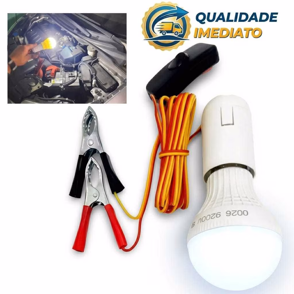 Lâmpada LED 12V Automotiva Com Garra Bateria Emergência Carro Caminhão