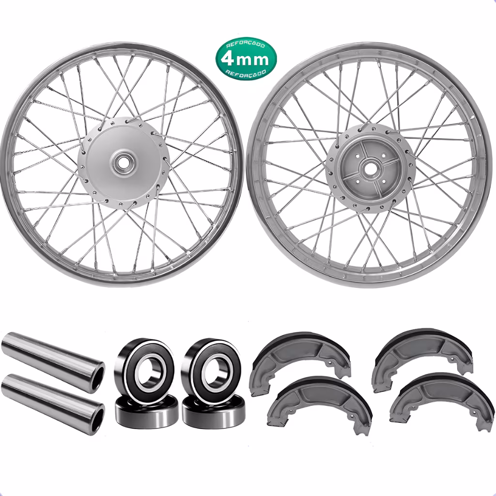Par de Roda Aro Montada Cromada Raio 4mm Ybr 125 Factor Tambor Alinhada C/Rolamento/Lona/Espaçador