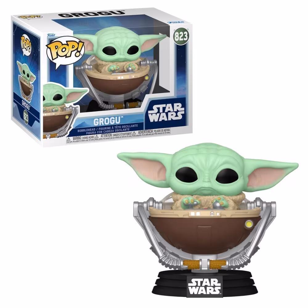 Boneco Funko Pop! Star Wars Mandalorian e Grogu no Carrinho