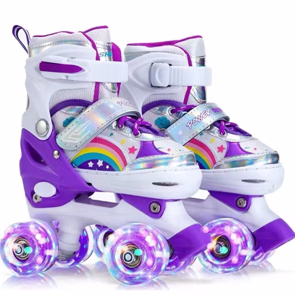 Patins Infantil 4 Rodas Com LUZ De LED Arco Íris Ajustável Dinossauro+Kit Proteção E Sem Kit Proteção