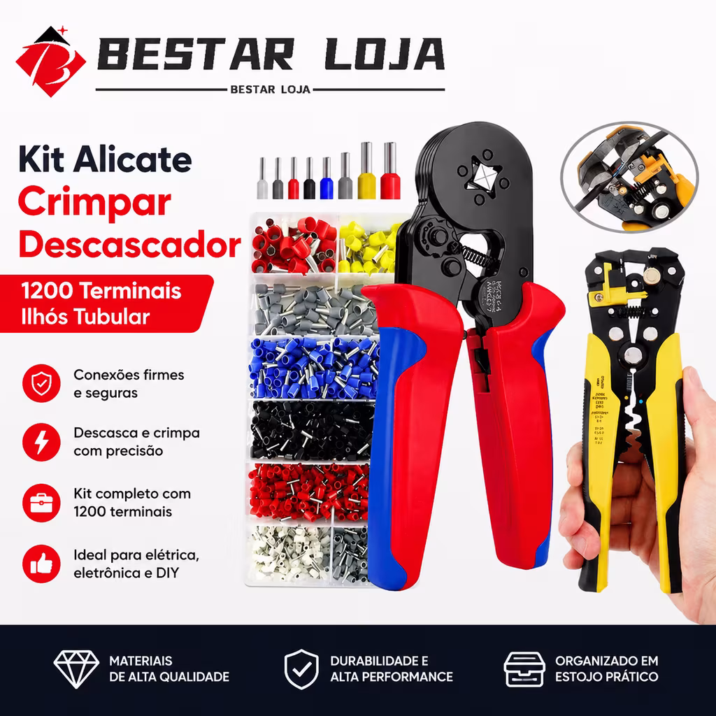 BESTAR LOJA  Kit Alicate Crimpar Descascador 1200 Terminais Ilhós Tubular