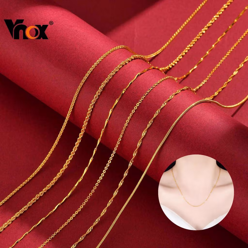 Vnox 24k Sand Gold Ladies Thin Necklace New Korean Style Simple Twist Chain Gold Jewelry Gift Non-fading