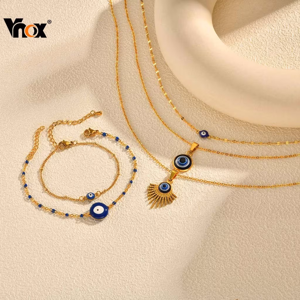 Pulseira De Colar De Olho De Diabo Com Contas Vnox Para Mulheres , Presente De Joia De Moda Dourada Sem Manchas