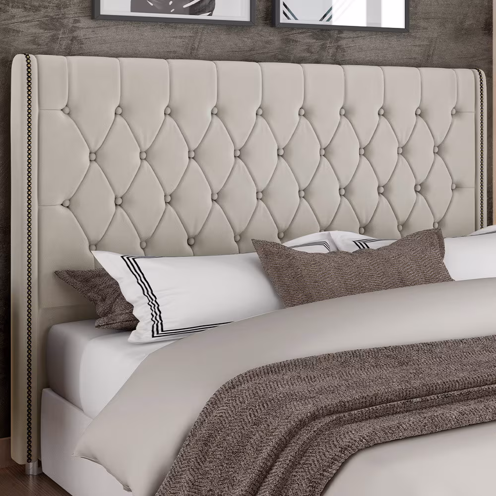 Cabeceira Cama Box Queen 160cm Estofada Frizza P05 Veludo Bege - Lyam Decor