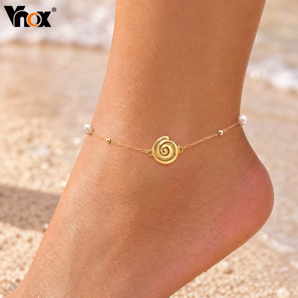 Vnox Aço Inoxidável Estrela Concha Pérola Tornozeleira Ouro Espiral Charme Verão Praia Feminino Pé Jóias