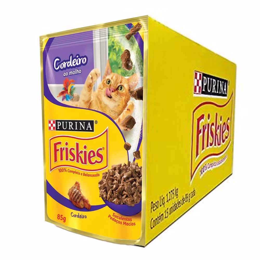 Caixa 15un Ração Úmida Sachê Friskies Gatos Adultos Cordeiro Ao Molho 85g