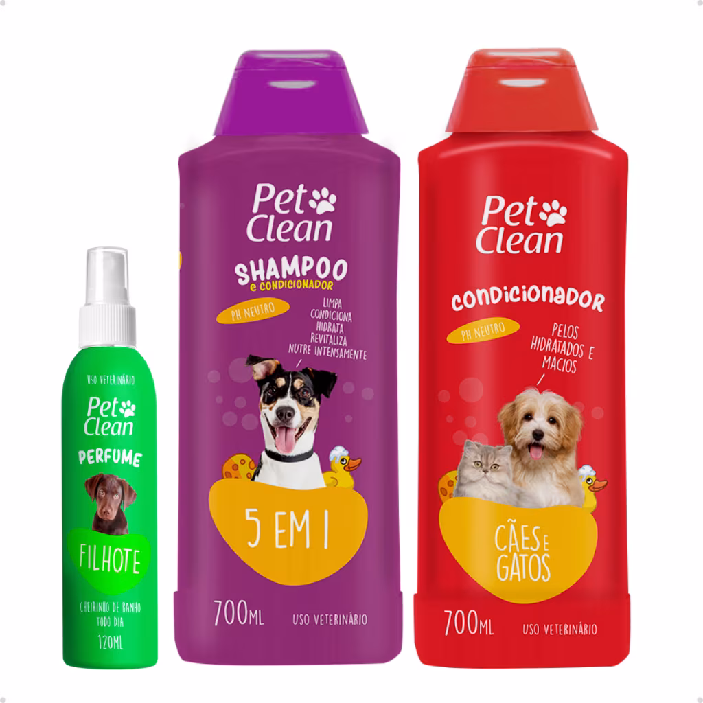 Kit Banho Higiene Shampoo 5 em 1 Creme Condicionador Perfume Pet Shop para Cachorro e Gato Pet Clean