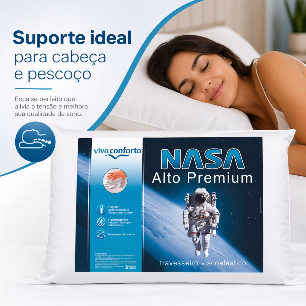 Travesseiro Nasa Alto Viva Conforto Original Visco Antiácaros Capa Percal 100% algodão Altura 14cm