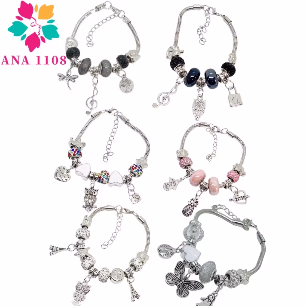 ANA1108 KIT 6 Pulseira Berloques Prateada, Rose e Dourada Estilo Feminina (Modelo aleatório)