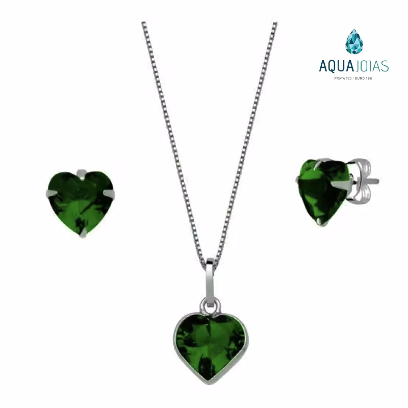 Kit colar e brinco prata 925 coração verde esmeralda