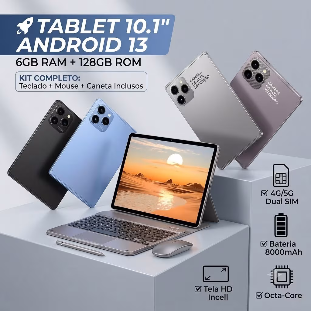 Tablet 10.1" Android 13 6GB+128GB 4G/5G Dual Chip Teclado Mouse Caneta Touch